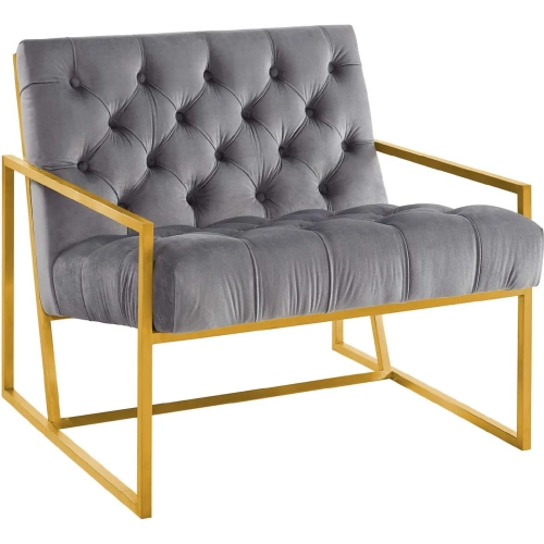 Bequest Accent Chair in Tufted Grey Velvet & Gold Stainless