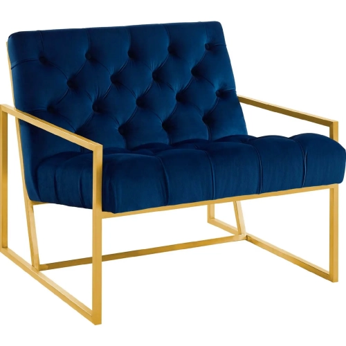 Bequest Accent Chair in Tufted Navy Blue Velvet & Gold Stainless