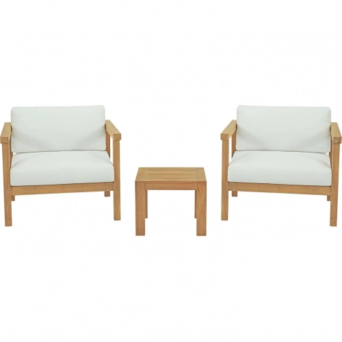 Bayport 3 Piece Outdoor Arm Chair Set in Teak & White Fabric