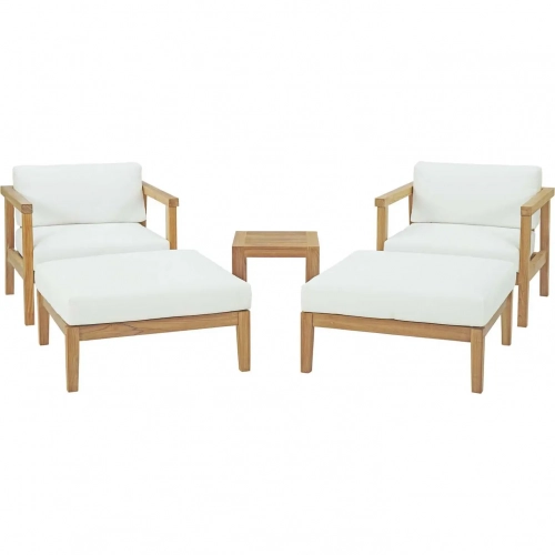 Bayport 5 Piece Outdoor Arm Chair Set in Teak & White Fabric