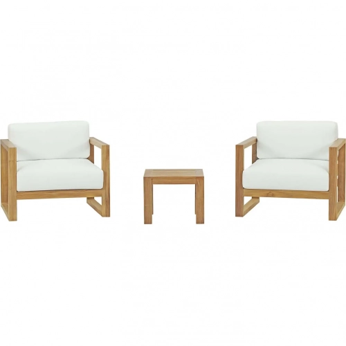 Upland Outdoor 3 Piece Arm Chair Set in Teak w/ White Fabric