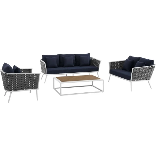 Stance 4 Piece Outdoor Sofa Set in White w/ Navy Blue Fabric