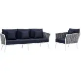 Stance Outdoor Sofa & Arm Chair Set in White w/ Navy Blue Fabric