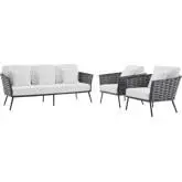 Stance Outdoor Sofa & 2 Arm Chair Set in Gray Metal w/ White Fabric