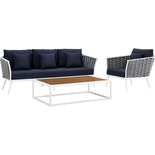 Stance 3 Piece Outdoor Sofa Set in White w/ Navy Blue Fabric