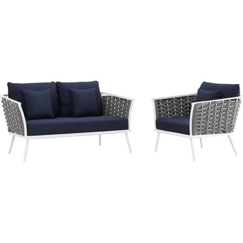 Stance Outdoor Loveseat & Arm Chair Set in White w/ Navy Blue Fabric