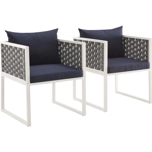 Stance Outdoor Dining Arm Chair in White Aluminum & Navy Fabric (Set of 2)