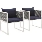 Stance Outdoor Dining Arm Chair in White Aluminum & Navy Fabric (Set of 2)