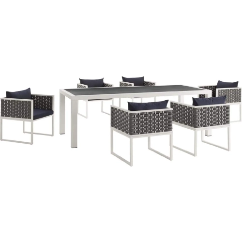 Stance 7 Piece Outdoor Dining Set in White Metal & Navy Blue Fabric