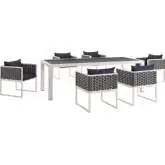 Stance 7 Piece Outdoor Dining Set in White Metal & Navy Blue Fabric