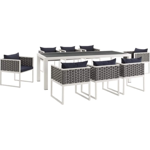 Stance 9 Piece Outdoor Dining Set in White Metal & Navy Blue Fabric