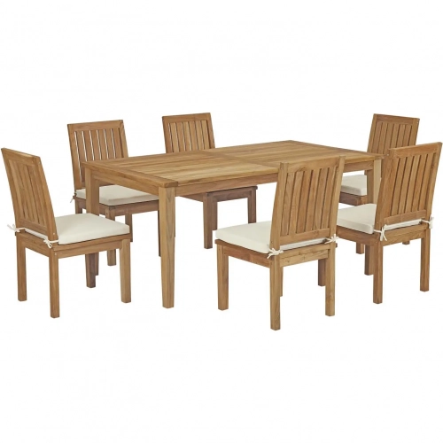 Marina 7 Piece Outdoor Dining Set in Teak & White Fabric