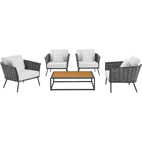 Stance 5 Piece Outdoor Arm Chair Set in Gray Metal & White Fabric