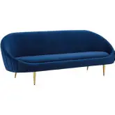 Sublime Curve Sofa in Navy Blue Velvet w/ Channel Tufted Back & Gold Legs