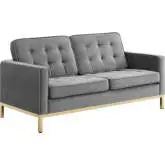 Loft Loveseat in Gray Velvet & Gold Stainless Steel