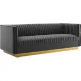 Sanguine Sofa in Channel Tufted Gray Velvet & Gold Stainless