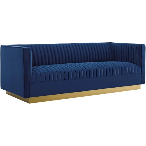 Sanguine Sofa in Channel Tufted Navy Blue Velvet & Gold Stainless