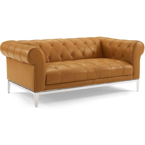 Idyll Chesterfield Loveseat in Tufted Tan Leather & Stainless