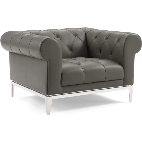 Idyll Chesterfield Arm Chair in Tufted Gray Leather & Stainless