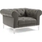 Idyll Chesterfield Arm Chair in Tufted Gray Leather & Stainless