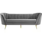 Opportunity Curved Sofa in Vertical Tufted Gray Velvet & Gold