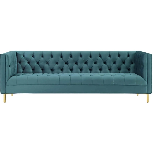 Delight Sofa in Tufted Sea Blue Velvet on Gold Stainless