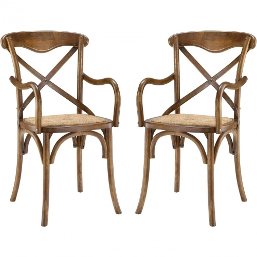 Gear Dining Arm Chair in Walnut Finish w/ Rattan Seat (Set of 2)