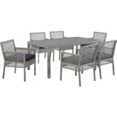 Aura 7 Piece Outdoor Dining Set in Gray Poly Rattan & Navy Fabric