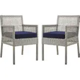 Aura Outdoor Dining Arm Chair in Gray Poly Rattan & Navy Fabric (Set of 2)