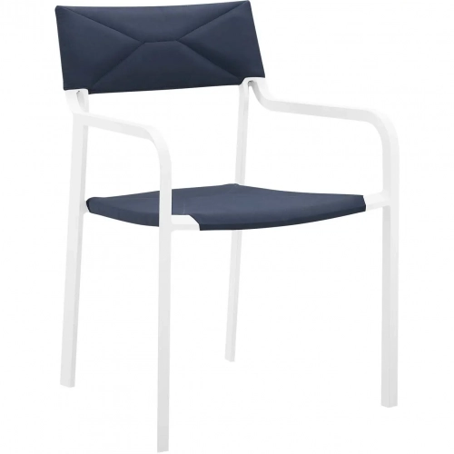 Raleigh Outdoor Dining Arm Chair in White Metal & Navy Blue Fabric