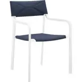 Raleigh Outdoor Dining Arm Chair in White Metal & Navy Blue Fabric