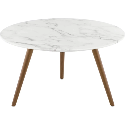 Lippa 28" Coffee Table w/ Tripod Base in White Faux Marble & Walnut