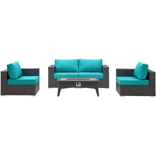 Convene 5 Piece Outdoor Loveseat Set w/ Fire Pit in Espresso & Turquoise