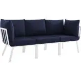 Riverside Outdoor 3 Piece Modular Sofa Set in White Metal & Navy Fabric