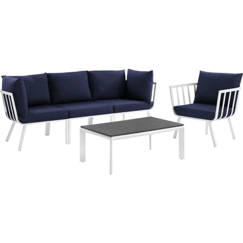 Riverside Outdoor 5 Piece Modular Sofa Set in White Metal & Navy Fabric