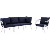 Riverside Outdoor 4 Piece Modular Sofa Set in White Metal & Navy Fabric