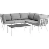 Riverside Outdoor 6 Piece Modular Sofa Set in White Metal & Gray Fabric