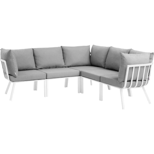 Riverside Outdoor 5 Piece Modular Sofa in White Metal & Gray Fabric