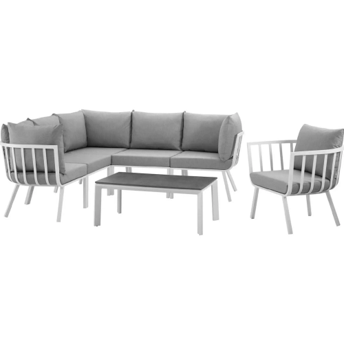 Riverside Outdoor 7 Piece Modular Sofa Set in White Metal & Gray Fabric