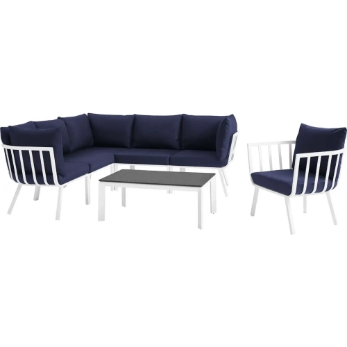 Riverside Outdoor 7 Piece Modular Sofa Set in White Metal & Navy Fabric