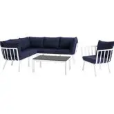 Riverside Outdoor 7 Piece Modular Sofa Set in White Metal & Navy Fabric