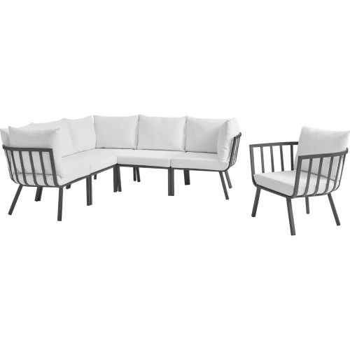 Riverside Outdoor 6 Piece Modular Sofa Set in Gray Metal & White Fabric