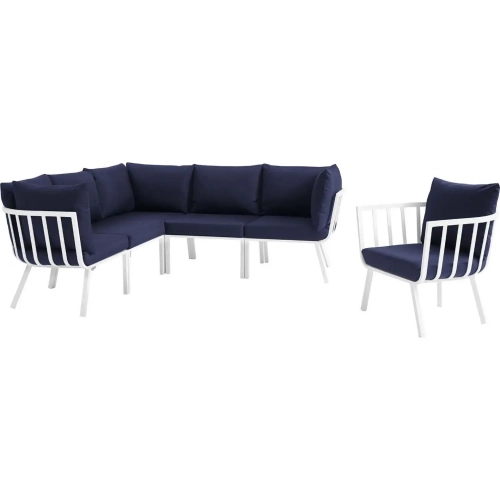 Riverside Outdoor 6 Piece Modular Sofa Set in White Metal & Navy Fabric