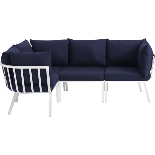 Riverside Outdoor 4 Piece Modular Sofa Set in White Metal & Navy Fabric