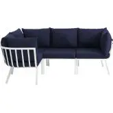 Riverside Outdoor 4 Piece Modular Sofa Set in White Metal & Navy Fabric