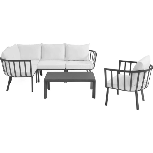 Riverside Outdoor 6 Piece Modular Sofa Set in White Metal & Gray Fabric