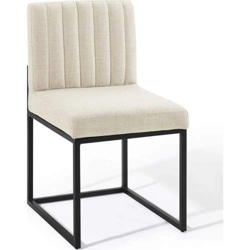 Carriage Dining Chair in Channel Tufted Beige Fabric & Black Sled Base