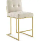 Privy Counter Stool in Tufted Beige Fabric & Gold Stainless