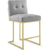 Privy Counter Stool in Tufted Light Gray Fabric & Gold Stainless