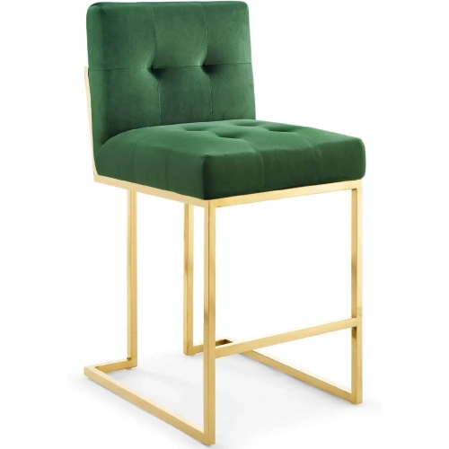 Privy Counter Stool in Tufted Emerald Green Velvet & Gold Stainless